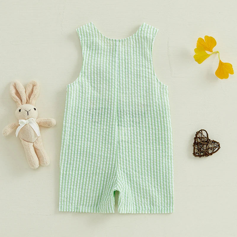 Easter Bunny Romper with Carrot Embroidery and Striped Truck Design Sleeveless Crew Neck Jumpsuit for Infant Spring Outfit