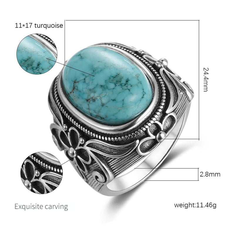 Natural Turquoise Ring Lady Silver Jewelry Retro Party Ring 11X17MM Large Ellipse Gem Gift Wholesale