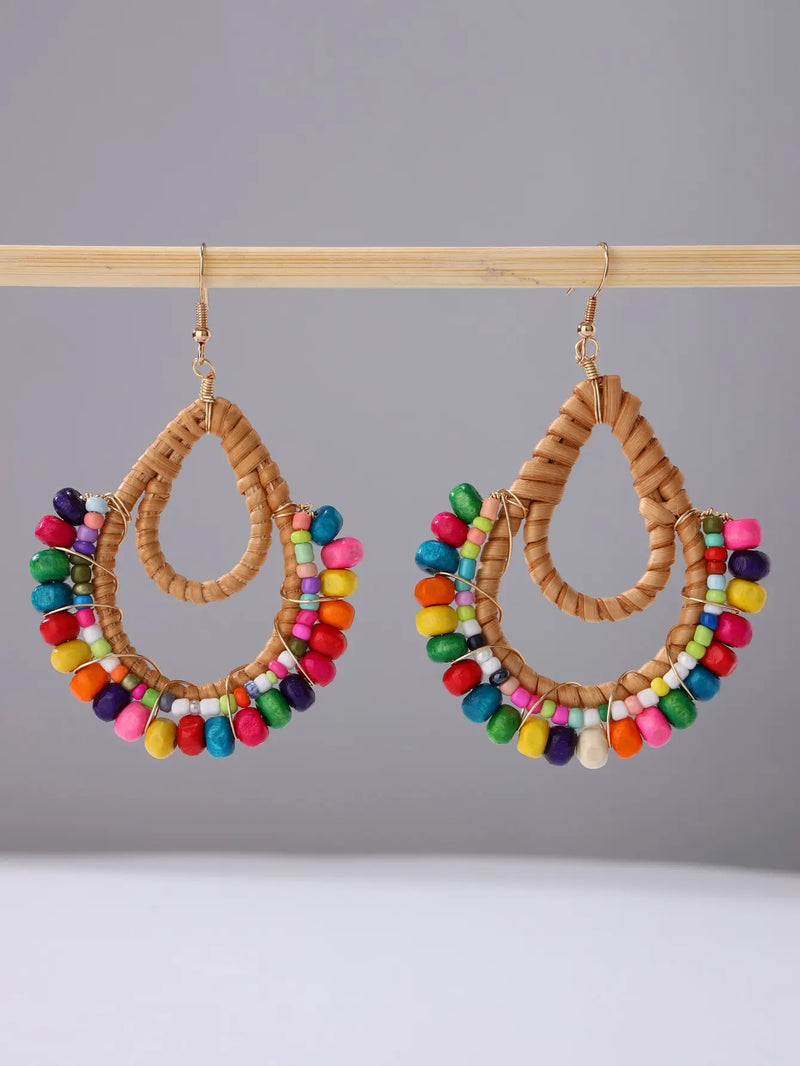 1 pair of pastoral wood bead textile exaggerated fashion long handmade rattan woven women's earrings jewelry