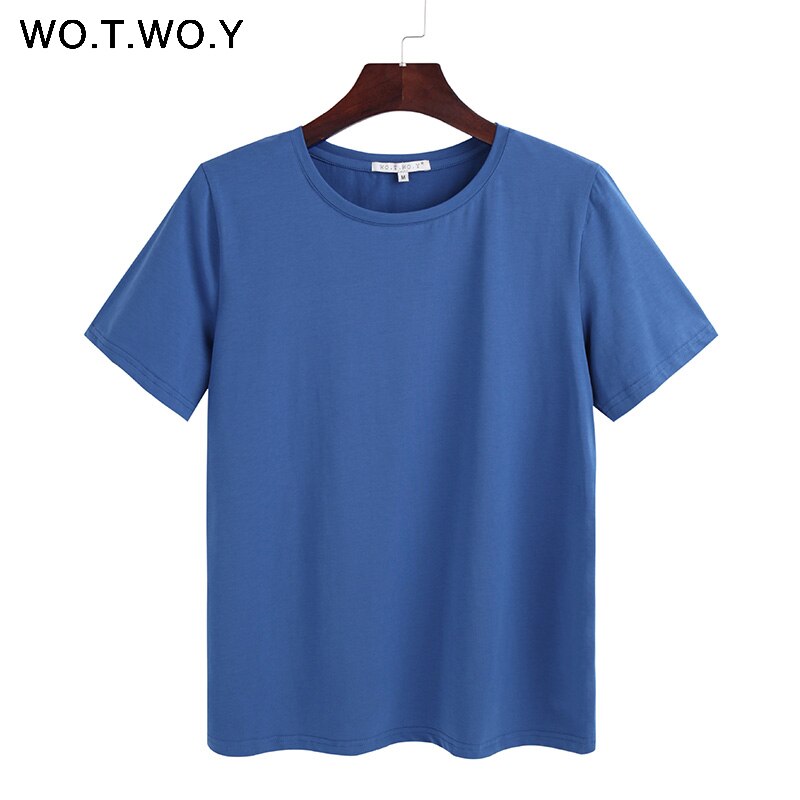 WOTWOY 2023 Summer Cotton T Shirt Women Loose Style Solid Tee Shirt Female Short Sleeve Top Tees O-Neck T-shirt Women 12 Colors