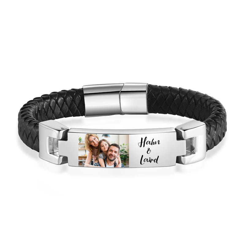 Personalize Men Photo Leather Bracelet Family Names Custom Stainless Steel Stackable Bangle Jewelry Birthday Gift for Father