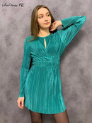 Mnealways18 Pleated Women High Waist Dress Long Sleeve Eyelet Elegant Dress Ladies Back Keyhole Spring 2023 Elastic Female Dress