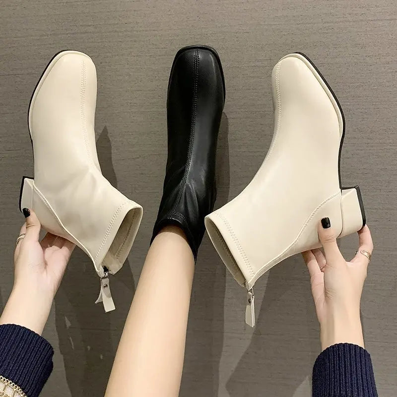 Elastic Socks Boots Fashion Ankle Boots Women High Heel Thicks  Heel Square Toe Short Boots Women Retro 2022 New Ladies Shoes