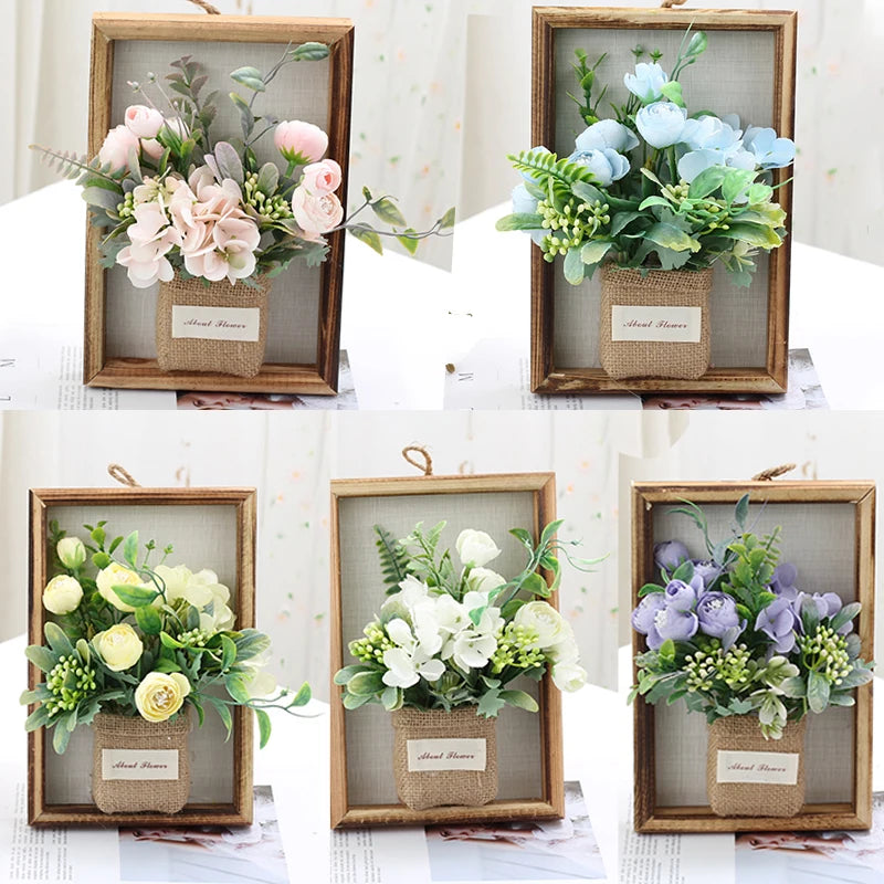 Wood Photo Frame Imitation Flowers Decoration Simulated Flower And Plant Photos Frame 3D Handmade Artificial Flower Wall Hanging