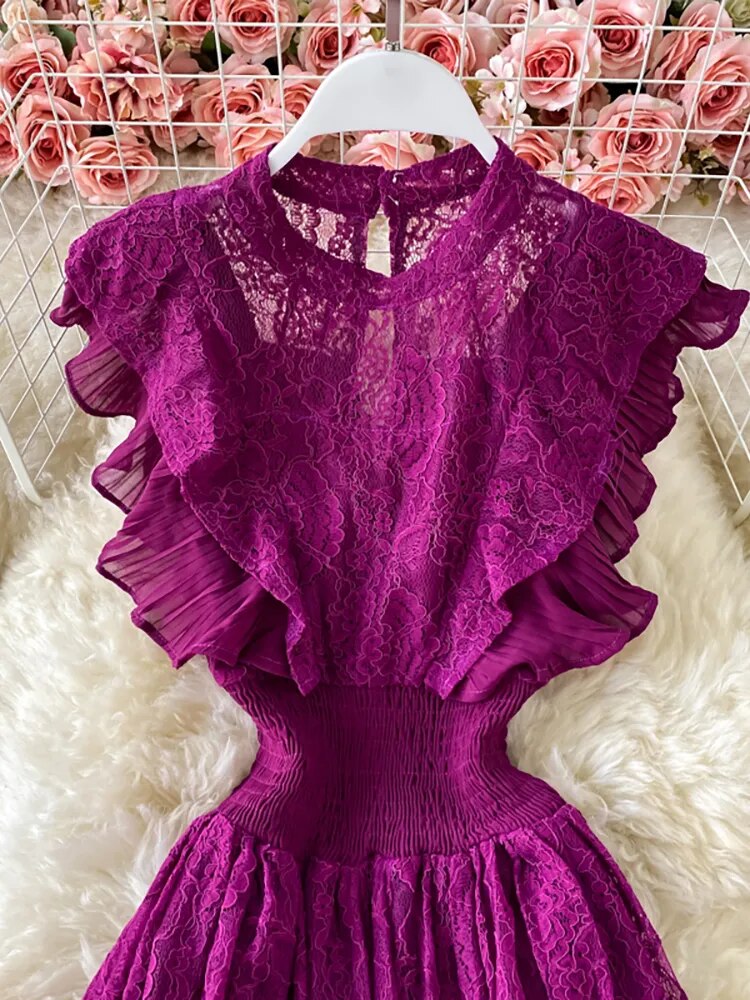 Vintage Purple/Green/Red Lace Midi Dress Women Sweet Round Neck Ruffle Vestidos Female High Waist Slim Robe Spring Autumn 2021