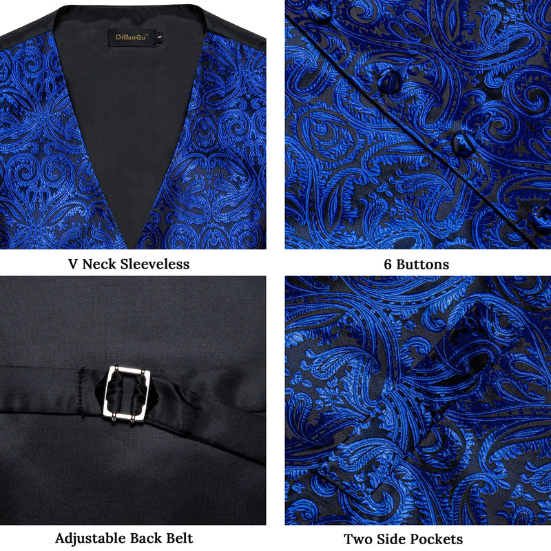 Luxury Men's Suit Vest Royal Blue Paisley Waistcoat with Neck Tie Handkerchief Cufflinks Wedding Prom Tuxedo Sleeves Vest