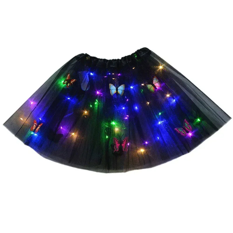 Princess Girl Butterfly Light Fairy Tutu LED Skirt Glow Flower Headband Birthday Gift Fancy Party Christmas Halloween Festival