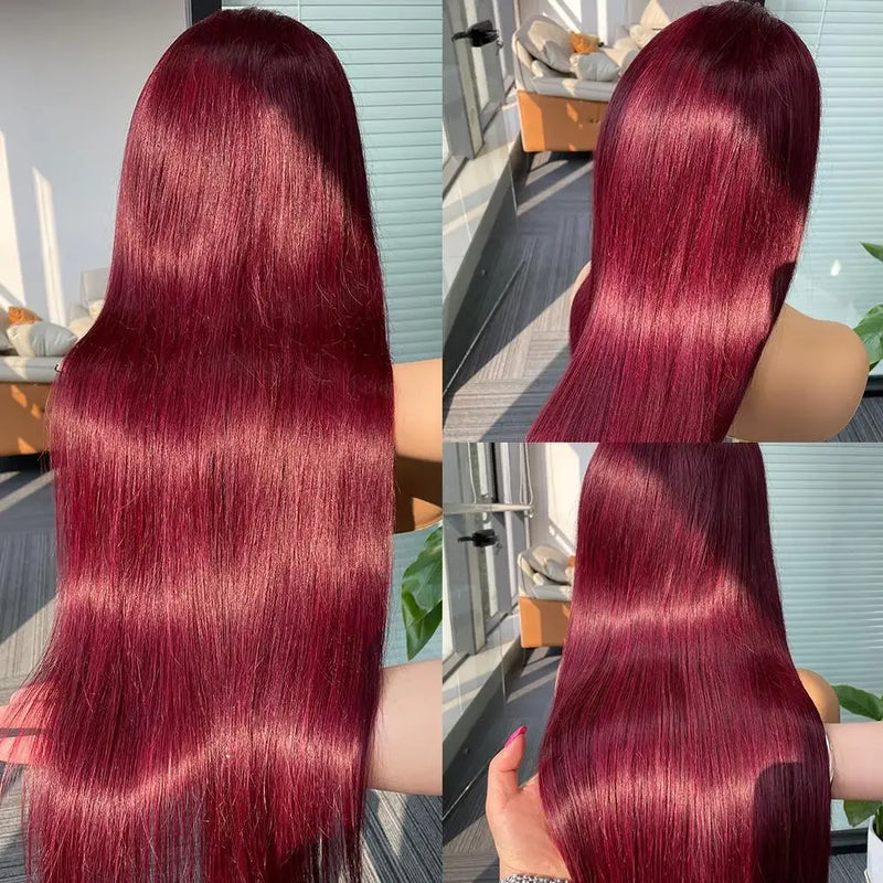 99J Reddish 13x6 HD Transparent Colored Human Hair Wigs Lace Front Human Hair Wigs Burgundy Colored Lace Frontal Human Wigs