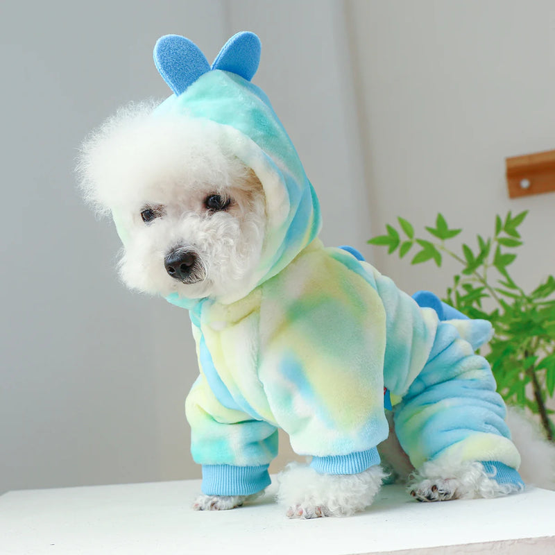 1PC Pet Apparel Dog Autumn and Winter Coral Plush Thickened Warm Colorful Blue Dinosaur Four legged Hoodie For Small Medium Dogs