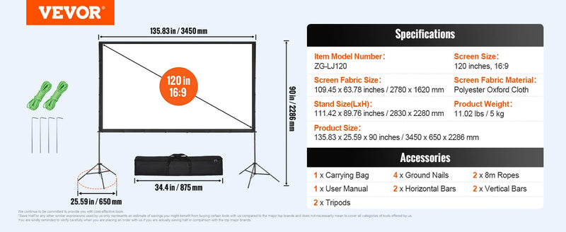 VEVOR Projector Screen with Stand 100 120 150 inch 16:9 4K 1080 HD Portable Projection Screen for Home Office Theater Cinema