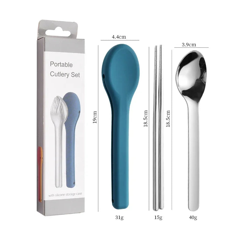 Portable Stainless Steel Cutlery Set, Suitable for Work, School, Picnic, Camping, Travel, Reusable Silicone Portable Cutlery Set