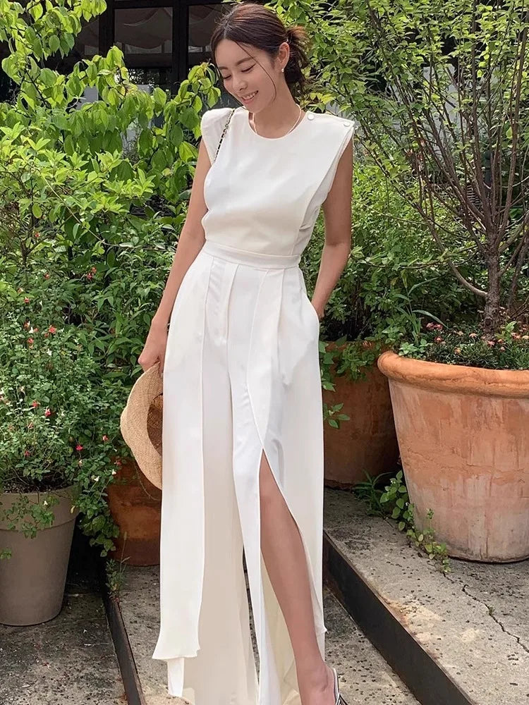 White Haute Couture Elegant Jumpsuit For Women'S Summer V-Neck Sleeveless Chic Slit Style Slim Fit Jumpsuit