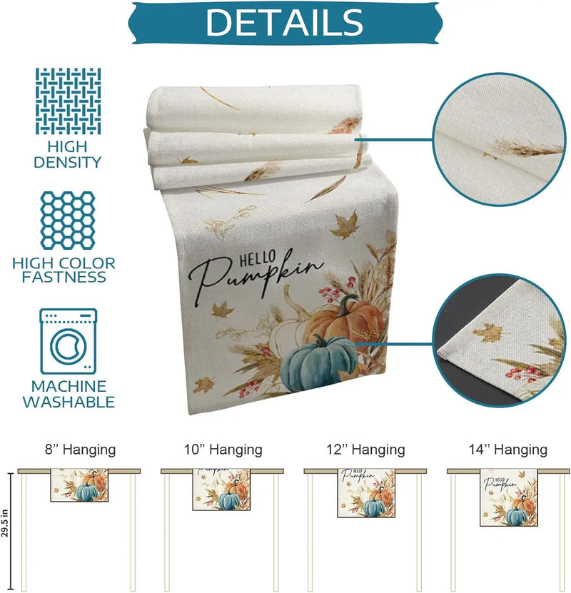 Fall Pumpkin Maple Leaf Wheat Linen Table Runner Party Decor Autumn Harvest Kitchen Dining Table Runner Thanksgiving Decorations