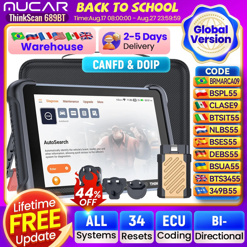 THINKCAR THINKSCAN 689BT CANFD DOIP Bi-directional ECU Coding Professional Car Diagnostic Tool 34 Reset Full System Obd2 Scanner