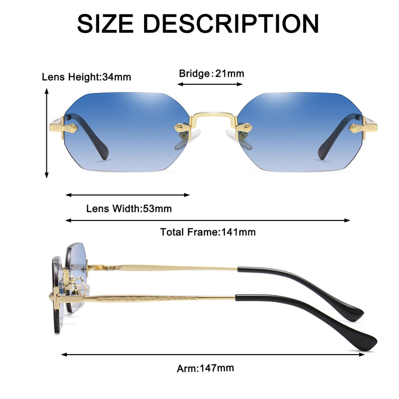 Rimless Rectangle Sunglasses Small Men Glasses Women Metal Gold Polygon Blue Shades 2022 UV400 Frameless