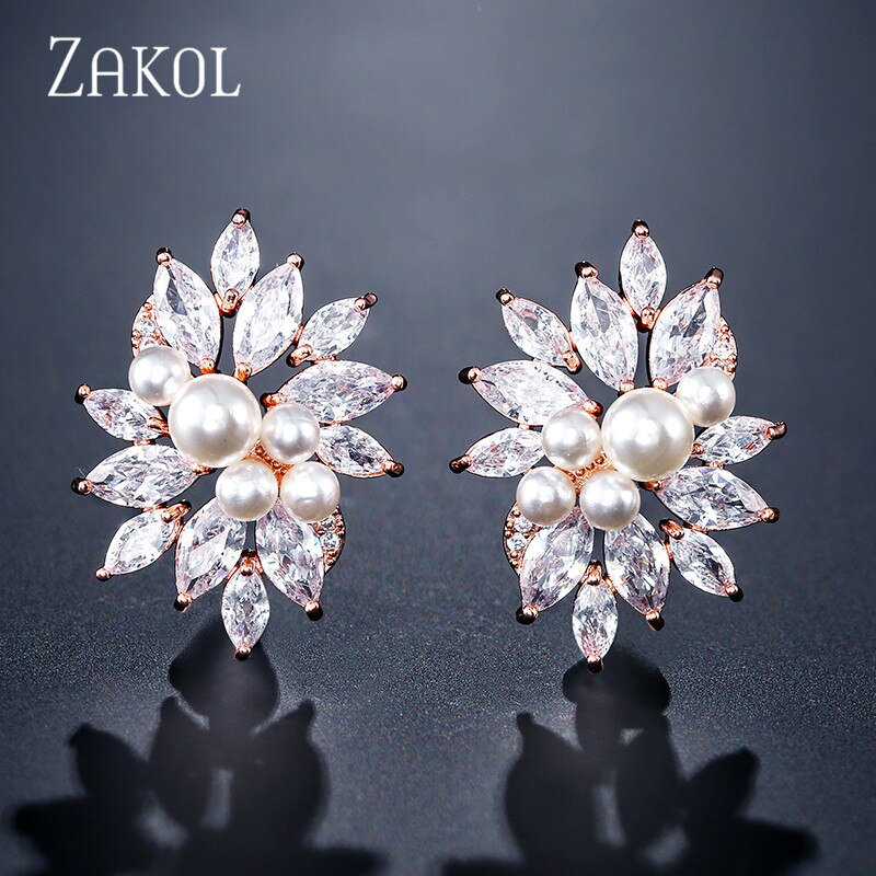 ZAKOL Delicate Cubic Zircon Crystal Stud Earrings for Women Fashionable White Color Flower Handmade Wedding Jewelry EP480