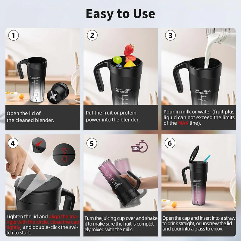 Portable Fruit Juicer 6 sharp Blades Rechargeable Personal Multifunctional Handheld Mini Blender Cup for Shakes and Smoothies