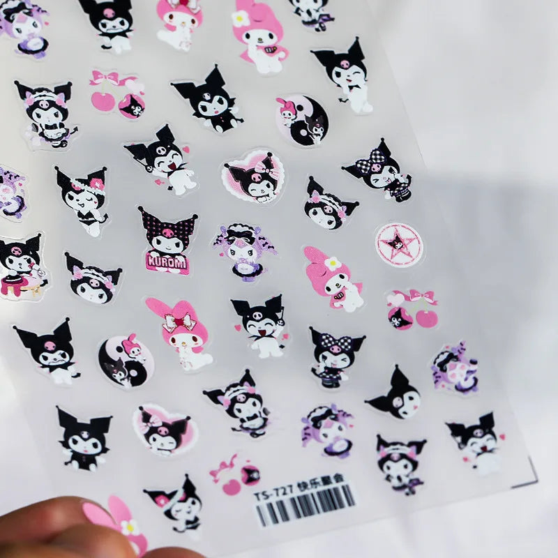 1PCS 5D Cartoon Kuromi Hello Kitty Nail Stickers Sanrio Animation Nail Art Decoration Sanrio Cute Melody Embossed Stickers