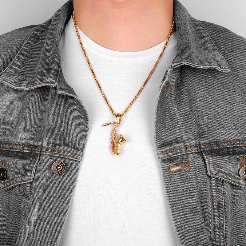 Saxophone Long Men Necklaces Pendant Chain Punk Cool Punk for Boyfriend Male Stainless Steel Jewelry Creativity Gift Wholesale