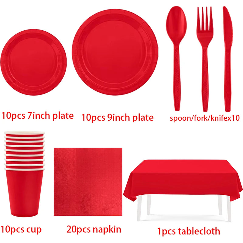 Solid Red Theme Birthday Party Supplies Disposable Dinnerware Paper Napkin Cup Plate Tablecloth Banner for Wedding Decoration