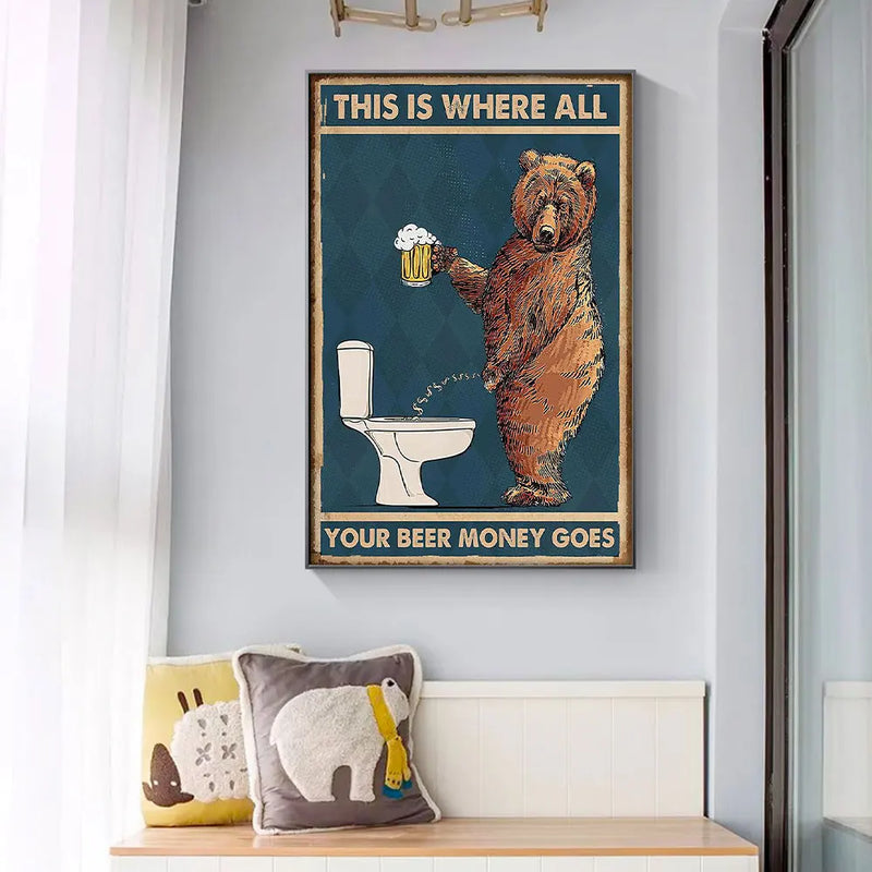 Retro Funny Wall Art Poster Prints Bear Drinking Beer in The Toilet Canvas Painting Picture For Room Home Decoration