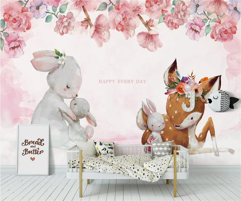 Custom Living Room Children Room Animal Photo Wall Decoration Painting Cartoon Floral Rabbit Mural 3d Wallpaper