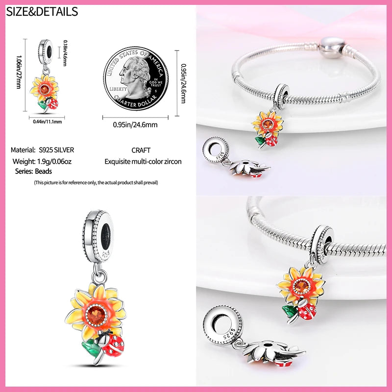 100% 925 Sterling Silver Yellow Sunflower Queen Bee Charms Fit For Pandora BraceletDiy Jewelry Making Best Gift For Women
