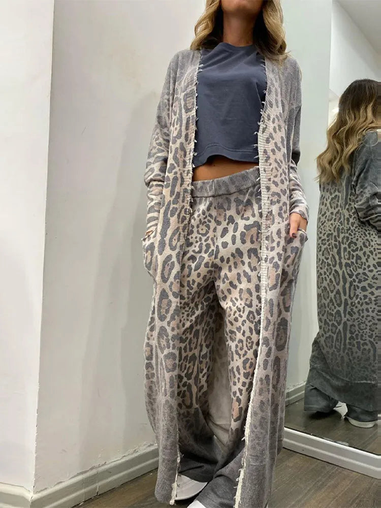 Leopard Print Women's Cardigan Set Long Sleeve Buttoned Coat Straight Leg Pants 2024 Spring Summer Casual Lady 2 Piece Sets