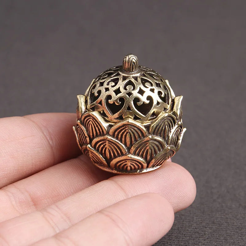 Retro Copper Small Lotus Pocket Hollow Out Incense Stick Burner Brass Incense Holder With Cover Home Decoration Sandalwood Cense