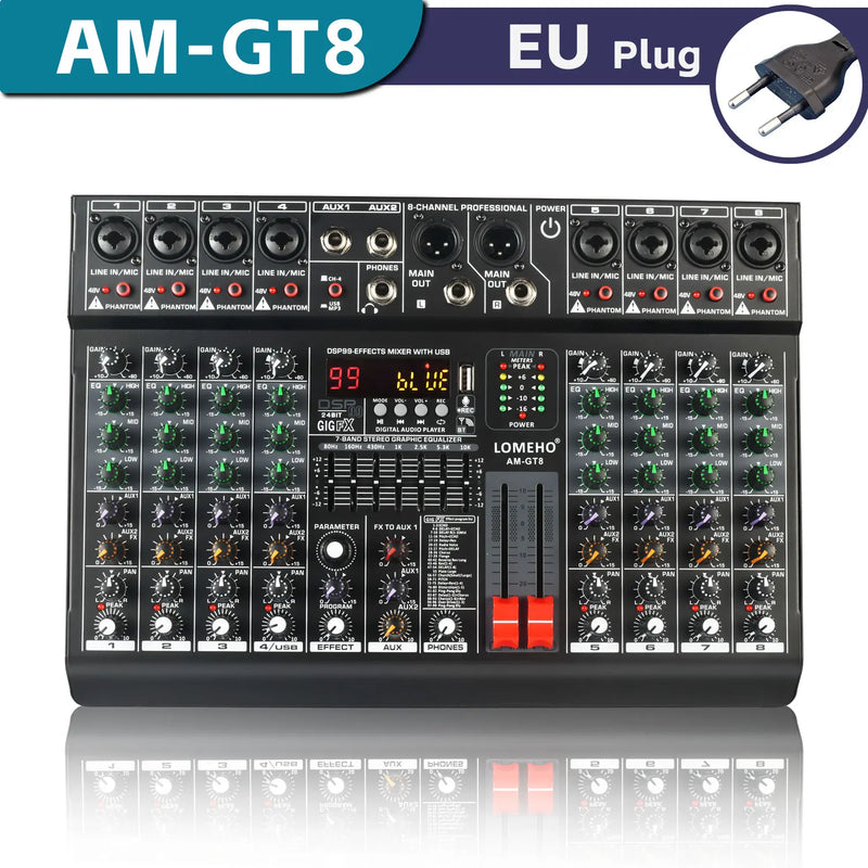 LOMEHO 7 Band EQ Audio Sound Mixer Table 6/8 Channel Mixing DJ Console with USB 2 AUX Output Individual 48V 99 Effect  AM-GT6/8