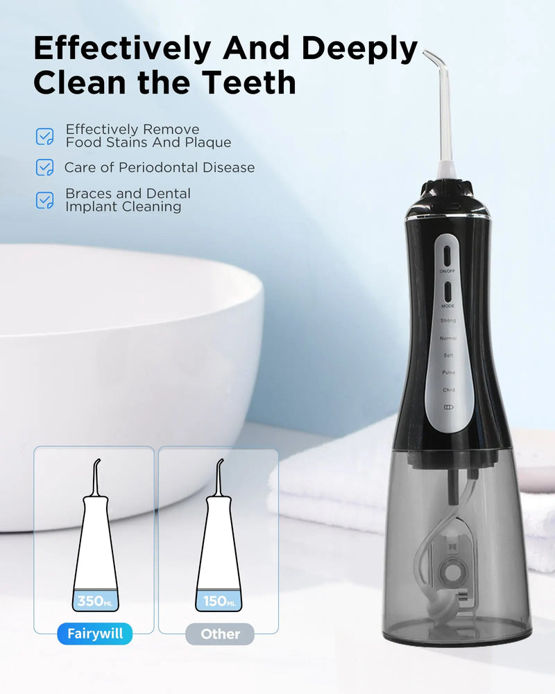 Oral Irrigator Fairywill Water Flosser 5 Modes Portable Dental Water Jet 350ML Water Tank Teeth Cleaner USB Charge Waterproof