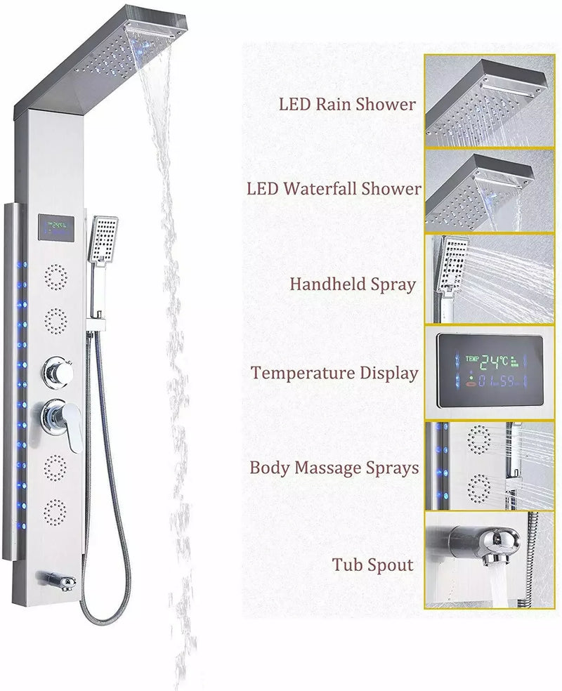 Rain Waterfall LED Shower Panel Black Shower Column Tower Digital Screen TEMP Mixer Tap Spray Bidet Shower Mixer Faucet