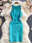 New Button Details Sleeveless Knitted Bodycon Dress Women Summer Elegant Stretchy Dress Vintage Solid Dress