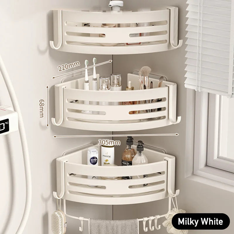 White Bathroom Shelves with Towel Bar and Hooks Shampoo Mackeup Storage Organizer Self Adhesive Wall Mounted Shower Corner Rack