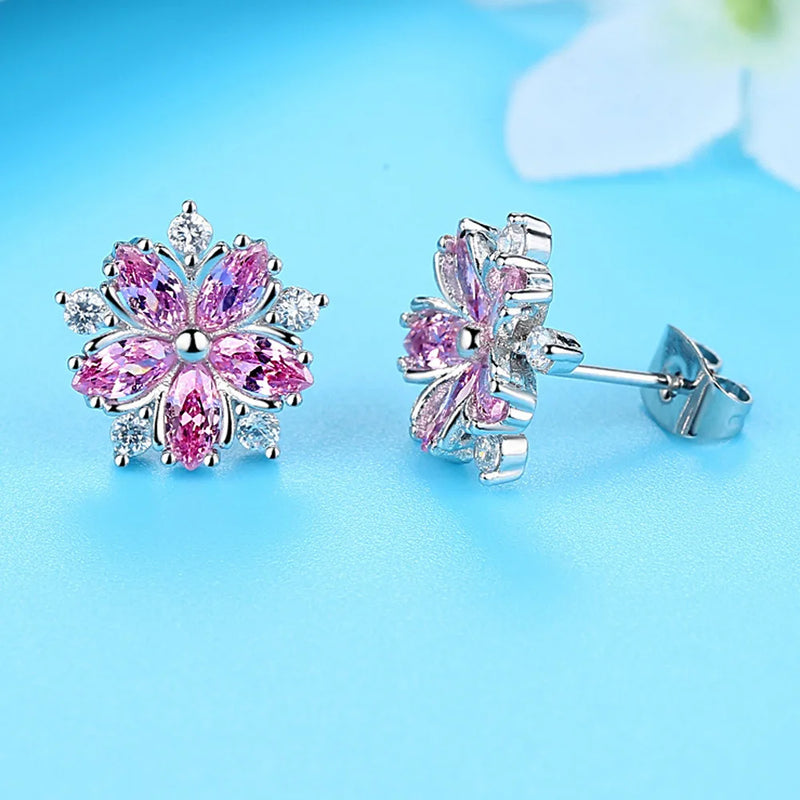 Cute Romantic Clear Zircon Flower Shape Simple Stud Earrings with Silver Color Cubic Zirconia Studs Ear for Women Party Wedding