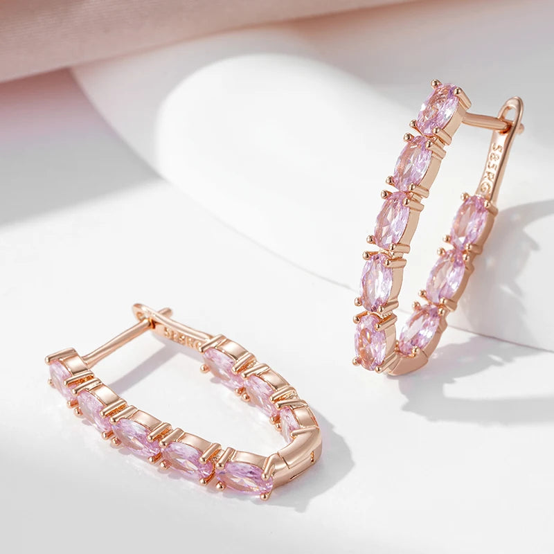 SYOUJYO Shiny Pink Natural Zircon Full Paved Drop Earrings For Women Luxury Party 585 Rose Gold Color Fine Jewelry Gift