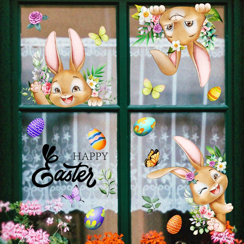 1Set Happy Easter Window Stickers Cartoon Rabbit Easter Eggs Flowers Butterfly Glass Sticker Spring Easter Home Decoration 2024