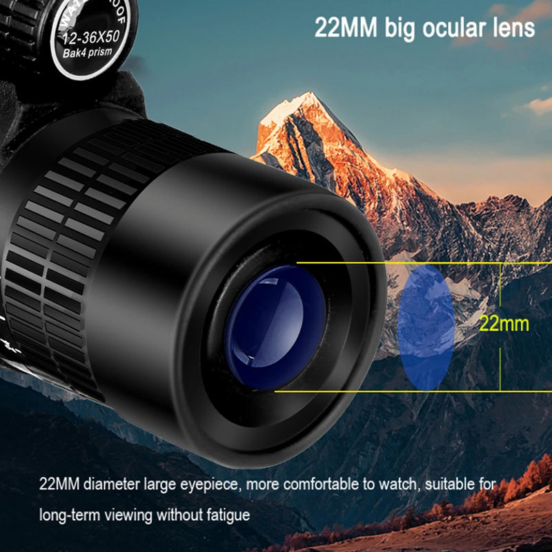 Borwolf 12-36X50 Binoculars BAK4 Prism Optical Lens High Power Hunting Birdwatching Monocular Light Night Vision Telescope