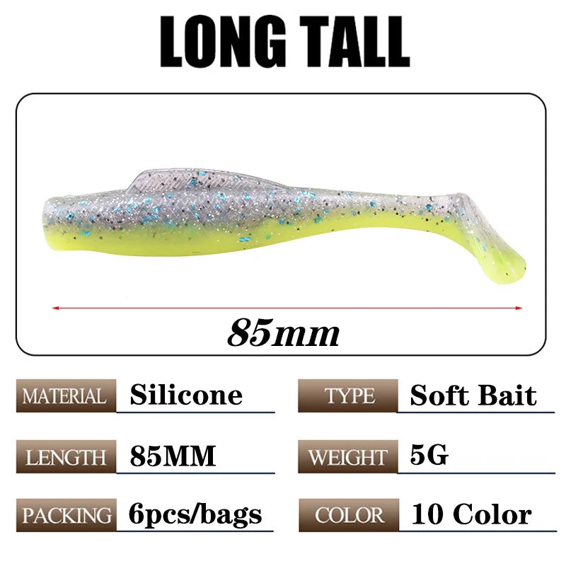 6pcs/Lot T Tail Soft Lure 80mm 5g Float TPR Silicone Bait For Bass Sea Fishing Swimbait Jig Wobblers Artificial Rubber Tackle