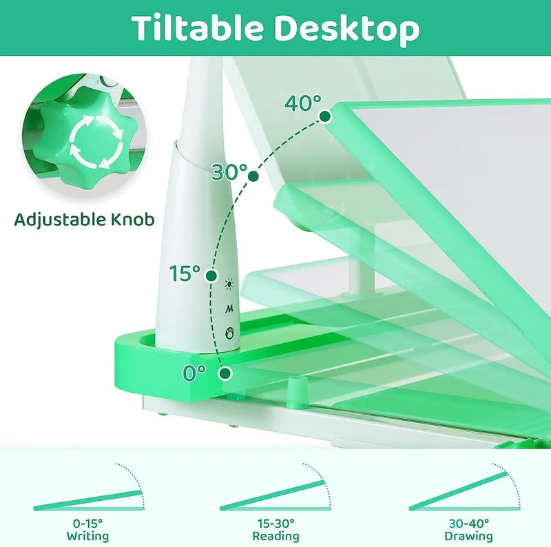 Children's Desk, Ergonomic Table and Thair Set, with Drawer, Reading Stand, Anddimmable LED Lamp, Height-Adjustable