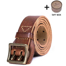 Vintage Genuine Leather Men's Belt With Copper Buckle, Handmade Casual Double Pin Buckle Belt With Gift Box, Thickened Top-layer