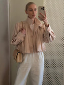 Fashion Stand Collar Short Jacket Women Long Puff Sleeve Single-breasted Pleated Women's Coat 2025 Autumn Lady Outwears Street