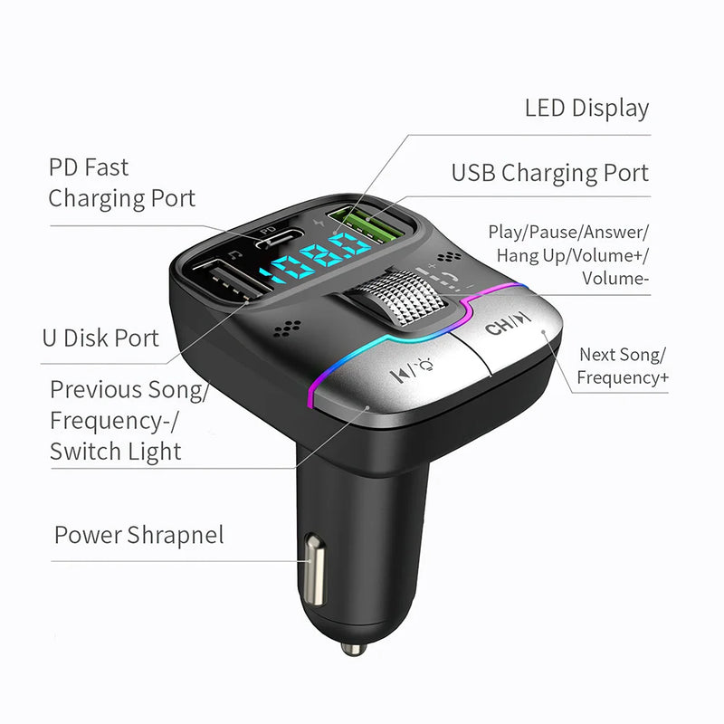 Bluetooth 5.3 Fm Transmitter Wireless Dual USB PD Adapter MP3 Player 3.1A Fast Charger Car Accessories