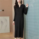 Pleated Dress Women's Long Sleeve Spring and Autumn 2023 New V-Neck Bottom Skirt Slim Fit Long Dress