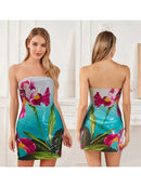 Women Sexy V-Neck Lace Bodycon Dress Elegant Sleeveless  Fit Cocktail Party Evening Mini Dress with Floral Print