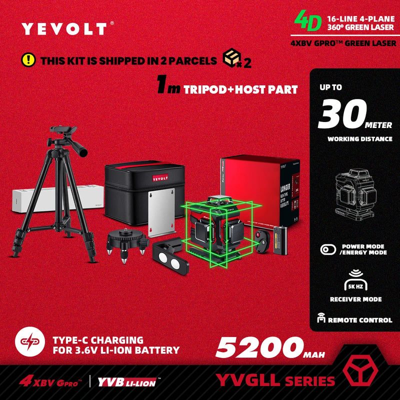 YEVOLT Laser Level Green Beam 4-Plane 16-Line Self-leveling 360 3D Ground-Hugging Horizontal & Vertical Tile Measuring Tools