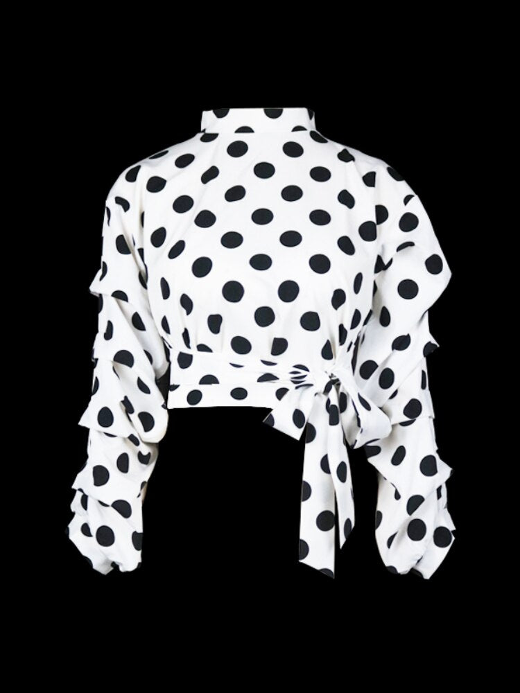 Women Polka Dot Blouses Tops Black Sashes Long Puff Sleeves White Red Big Size XXXL Ladies Fashion Casual Spring Summer Bluas