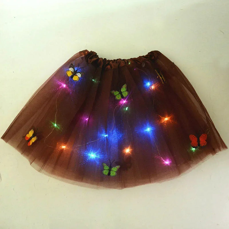 Princess Girl Butterfly Light Fairy Tutu LED Skirt Glow Flower Headband Birthday Gift Fancy Party Christmas Halloween Festival