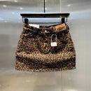 New short skirt 2025 summer American fashion elastic coffee leopard print denim hip skirt hot girl patch small short skirt