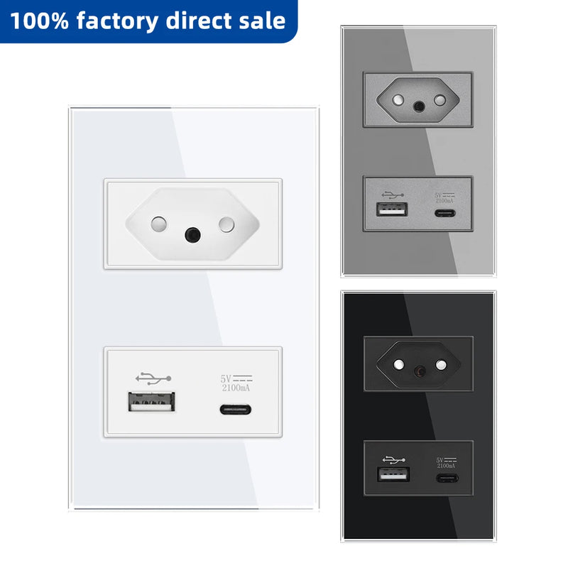 VISWE Brazil Standard Wall Socket Usb, 118*72mm Tempered Glass Panel, 5V 2A Type-c USB Wall Outlet 10A/20A BR Plug